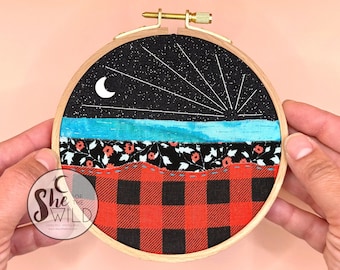Night Sky Mountain Scene Handmade Home Decor Art for Entryway in Black Red Turquoise Landscape with Moon and Stars for Unique Nature Gift