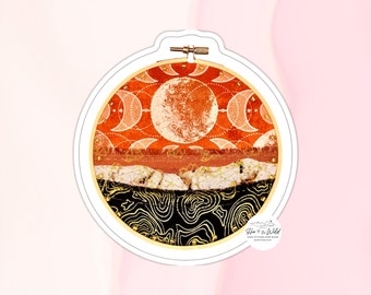 3" Sticker - Moon Mountain Landscape - Die Cut Sticker of Lunar Fabric Art in Hoop - Colorful Water Bottle Decoration - Rust Orange Golden