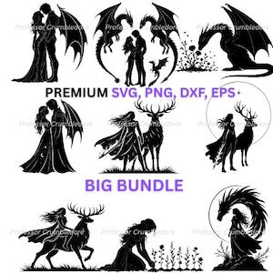 Op de afbeelding: Een digitale collectie van zwarte silhouetillustraties met fantasiethema's, waaronder koppels met drakenvleugels, een persoon met een groot hert en een persoon die bloemen verzorgt. De tekst luidt PREMIUM SVG, PNG, DXF, EPS BIG BUNDLE.