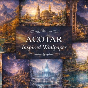 Könnte beinhalten: Eine digitale Kunstcollage mit Fantasielandschaften mit Burgen, Bergen und Gewässern. Das Bild hat eine warme Farbpalette mit dem Text "ACOTAR Inspired Wallpaper."