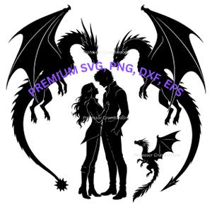 May include: A black silhouette graphic featuring two large dragons flanking a couple standing face-to-face, with a smaller dragon below. The text PREMIUM SVG, PNG, DXF, EPS is overlaid in purple. The design includes Professor Crumbledore watermarks.