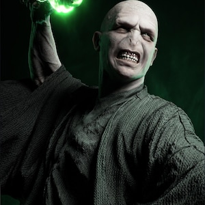 May include: A detailed image of a bald character with a pale complexion, furrowed brow, and an angry expression. The character is wearing a dark green textured robe and holding a glowing green light in their raised hand. The background is a dark green.