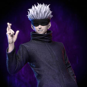 Op de afbeelding: Gedetailleerd beeldje van een personage met stekelig wit haar, een zwart ooglapje en een donkerblauwe jas met textuur. De figuur glimlacht lichtjes en maakt een handgebaar met gekruiste vingers. De achtergrond is een verloop van paars en zwart.