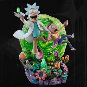 May include: A detailed figurine featuring Rick and Morty characters. Rick, with blue hair and a lab coat, holds a device. Morty is falling through a green portal. The base includes colorful flora and a rocky landscape.