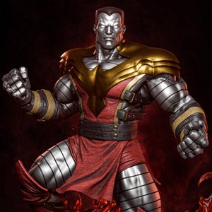 Könnte beinhalten: Detaillierte Statue eines Superhelden mit metallisch silbernem Körper, der eine rote und goldene Rüstung trägt. Die Figur befindet sich in einer dynamischen Pose, mit geballter Faust und entschlossenem Gesichtsausdruck. Der Hintergrund ist dunkelrot.