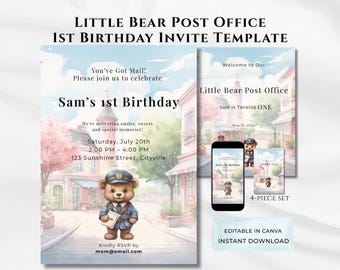 Invito per il primo compleanno a tema ufficio postale con orsacchiotto | Invito digitale modificabile con Canva, bacheca di benvenuto e set di etichette di ringraziamento