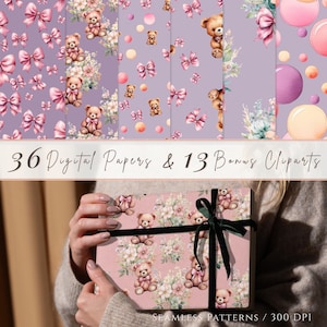 Puede incluir: Diseños de papel digital con ilustraciones de acuarela de ositos de peluche, lazos y arreglos florales en tonos rosa, morado y beige. La imagen incluye el texto "36 Digital Papers & 13 Bonus Cliparts" y "Seamless Patterns / 300 DPI".