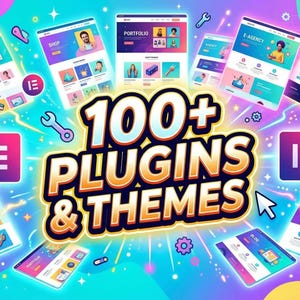 May include: A vibrant graphic promoting 100+ plugins and themes. The image features website mockups, the Elementor logo, and the text "100+ Plugins & Themes" in a colorful, eye-catching design. The overall theme is web design and development.