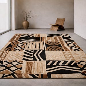 Afrikaans tribal patchwork tapijt, boho etnisch tapijt, zwartbeige geometrisch tapijt, modern tribal woonkamertapijt, abstract etnisch decor