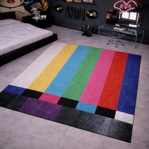 Retro TV Test Pattern Rug, Color Bars Area Rug, Pop Art Graphic Carpet, Vintage Broadcast Aesthetic Rug, Gamer Room Rug