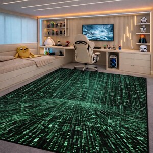 Könnte beinhalten: Ein rechteckiger grüner und schwarzer Teppich mit einem Matrix-ähnlichen digitalen Code-Design. Der Teppich befindet sich in einem Raum mit einem Bett, einem Schreibtisch und Regalen mit Spielzeug und Figuren. Der Raum hat ein modernes Design.