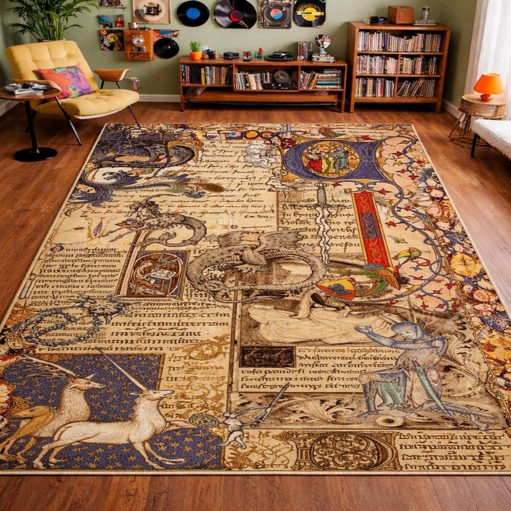 Manuscript Rug Medieval Manuscript Rug, Vintage Art Carpet, Antique Illustration Rug ...
