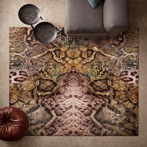 Snakeskin Pattern Area Rug, Luxury Exotic Animal Print Rug, Python Skin Carpet, Modern Glam Living Room Rug, Washable Non Slip Rug