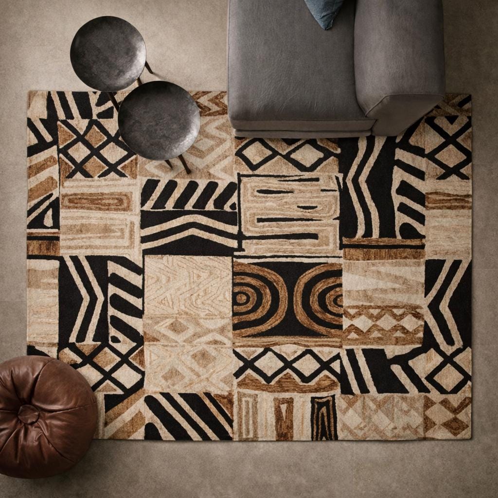 African Tribal Patchwork Rug, Boho Ethnic Area Rug, Black Beige ...