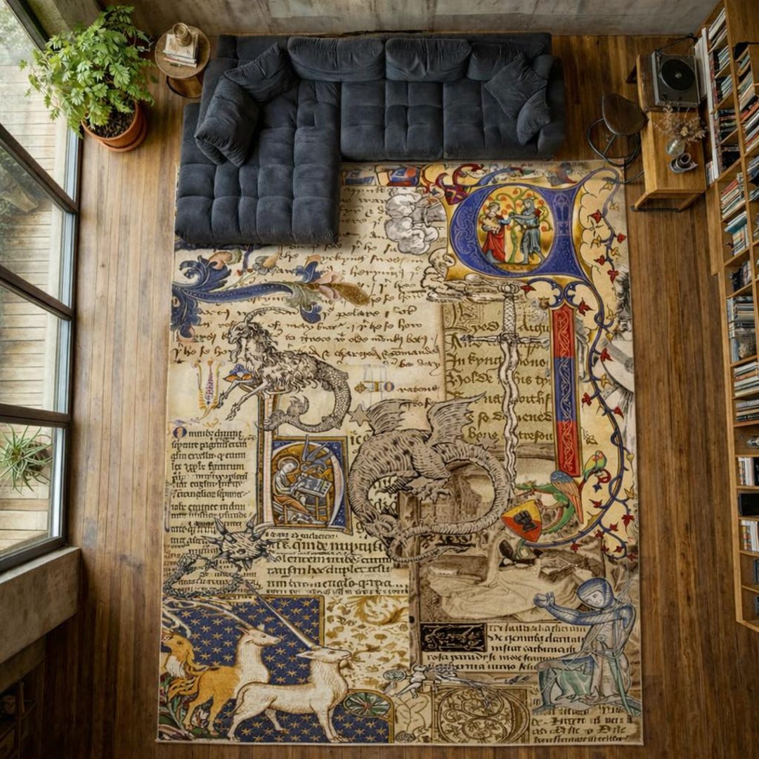 Manuscript Rug Medieval Manuscript Rug, Vintage Art Carpet, Antique Illustration Rug ...