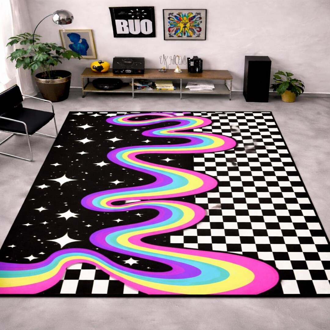 Faded Checkerboard Rug Checkerboard Rainbow Wave Rug, Black White Checkered Carpet, Retro ...