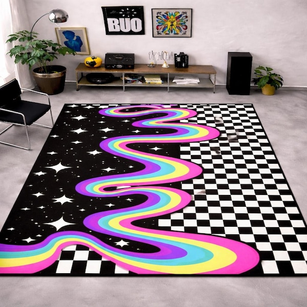 Checkerboard Rainbow Wave Rug, Black White Checkered Carpet, Retro Aesthetic Rug, Modern Funky Decor, Pop Art Gothic Rug