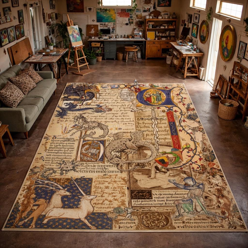Manuscript Rug Medieval Manuscript Rug, Vintage Art Carpet, Antique Illustration Rug ...