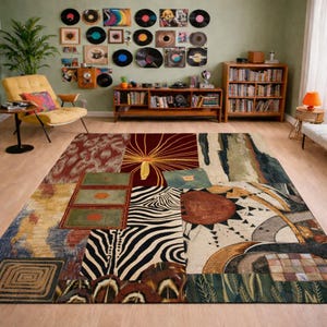 May include: A colorful area rug with a patchwork design featuring various patterns, including zebra stripes, geometric shapes, and abstract floral elements. The rug incorporates shades of red, brown, blue, and green, creating a vibrant and eclectic aesthetic.