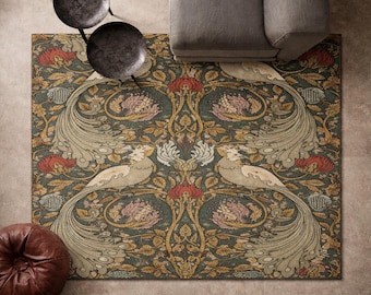 Vintage Art Nouveau Area Rug, William Morris Style Carpet, Floral Bird Floor Rug, Antique Botanical Living Room Decor, Victorian Nonslip Rug