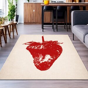 Strawberry Art Non Slip Washable Rug, Minimalist Fruit Area Rug, Red Aesthetic Carpet, Modern Kitchen Decor, Pop Art Statement Floor Mat