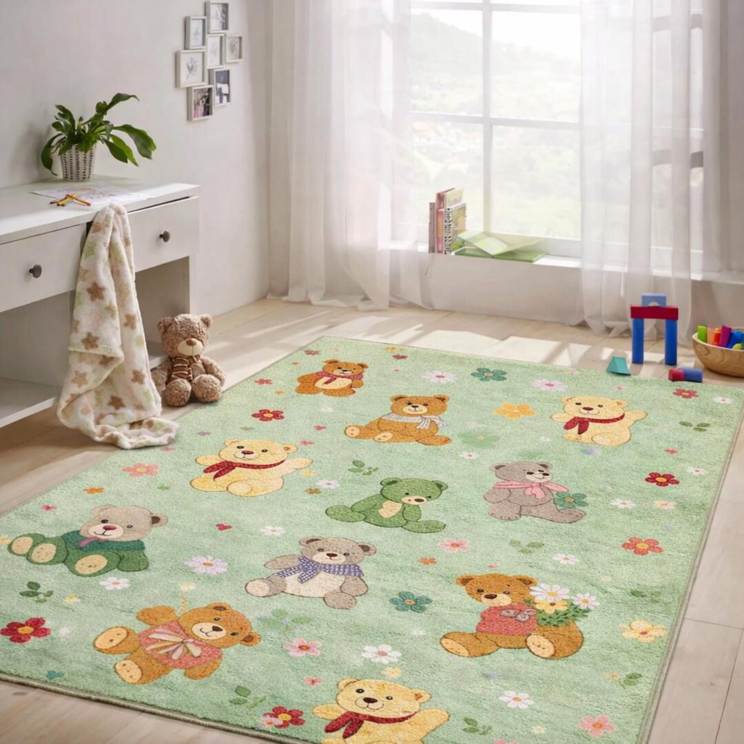 Cute Teddy Bear Kids Rug, Nursery Bear Rug, Cartoon Bear Playroom Rug ...