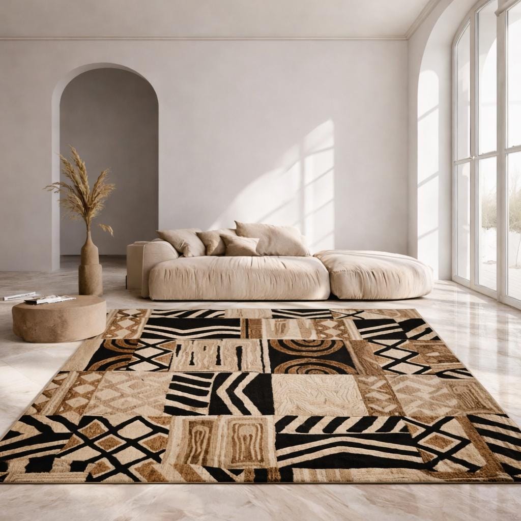 African Tribal Patchwork Rug, Boho Ethnic Area Rug, Black Beige ...