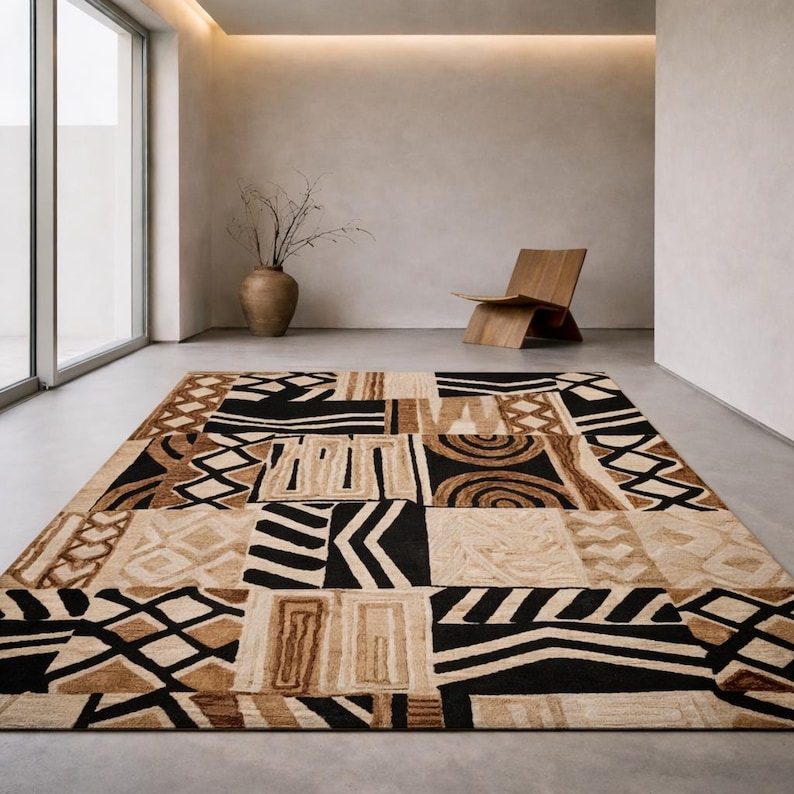 African Tribal Patchwork Rug, Boho Ethnic Area Rug, Black Beige ...