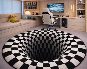 3D Hole Illusion Round Rug, Checkerboard Optical Illusion Carpet, Black White Round Area Rug, Illusion Tunnel Carpet, Op Art Gamer Room Rug