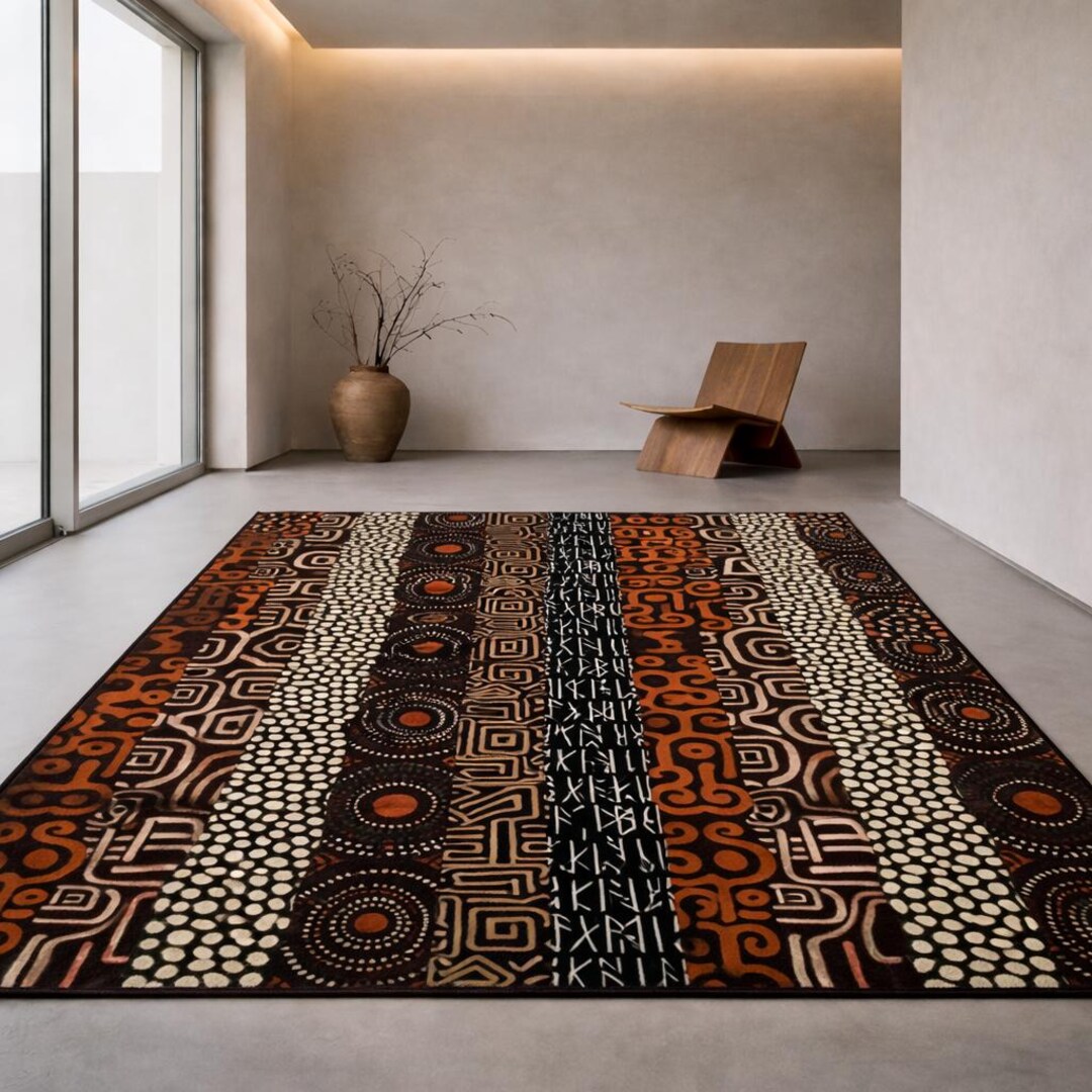 African Tribal Pattern Rug, Ethnic Boho Area Rug, Brown Black Geometric ...