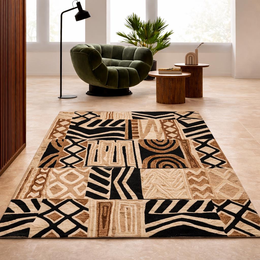 African Tribal Patchwork Rug, Boho Ethnic Area Rug, Black Beige ...