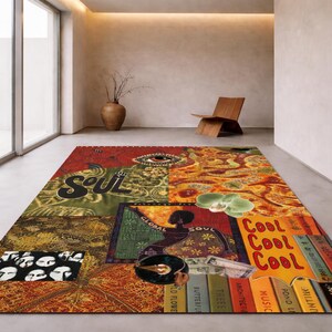 May include: A rectangular area rug featuring a collage of vibrant patterns, including an eye, a silhouette of a person, a green orchid, and text reading SOUL and COOL COOL COOL. The design incorporates various textures, colors, and graphic elements.