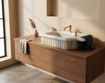 Lavabo de mármol blanco, lavabo con consola estriada y dispensador de jabón incorporado, tocador de baño tallado a mano.