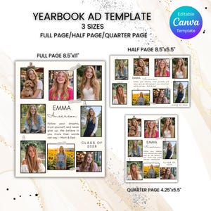 以下が含まれることがあります： 3つのサイズがある、卒業アルバム広告テンプレート。フルページ（21.6cm x 27.9cm）、ハーフページ（21.6cm x 14cm）、クォーターページ（10.8cm x 14cm）。写真コラージュ、テキスト、Canvaで編集可能。テキスト「EMMA Anderson」と「2026年クラス」が含まれています。