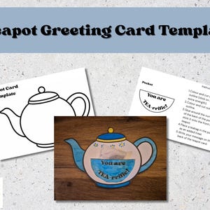 Könnte beinhalten: Eine Teekannen-Grußkartenvorlage mit Anweisungen. Das Bild enthält eine schwarz-weiße Teekontur, eine farbenfrohe Teekannenillustration mit dem Text "You are TEA-rrific!" und eine Tasche für einen Teebeutel. Die Anweisungen sind ebenfalls enthalten.
