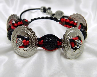 Alice Black & Red Braided Bracelet with Conchos