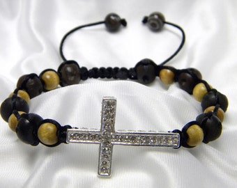 Crystal Cross Medallion Braided Bracelet with Natural Wood