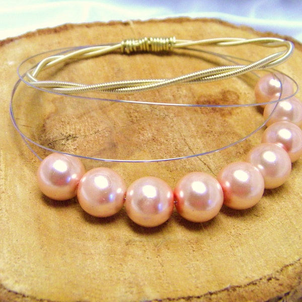 Guitar String Bangle with Peach Crystal Pearls