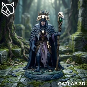 May include: A miniature figurine of a dark robed figure wearing a crown of skulls and feathers, holding a wooden staff topped with a skull and a green gem. The figure features a layered cape, a tattered purple tunic, and clawed feet on a base.