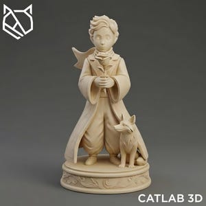 May include: A light beige figurine of The Little Prince holding a rose, with a fox at his feet. The figure is standing on a round base with floral detailing. The text "CATLAB 3D" is at the bottom.