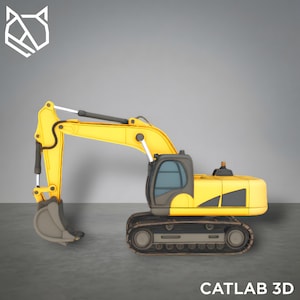 May include: A yellow and black excavator toy with a gray bucket and tracks. The excavator has a detailed design, including a cab and arm. The text "CATLAB 3D" is at the bottom of the image.
