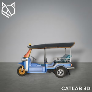 May include: A blue, orange, and black tuk-tuk model with gold wheels and a black roof. The vehicle has a driver's seat, passenger seating, and a steering wheel. The text "CATLAB 3D" is at the bottom.