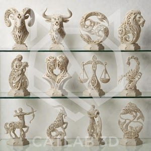 May include: A set of twelve cream-coloured zodiac sculptures, each featuring detailed, openwork patterns. The collection includes an Aries ram, Taurus bull, Pisces symbol, Leo lion, Virgo maiden, Gemini twins, Libra scales, Scorpio scorpion, Sagittarius archer, Capricorn goat, Aquarius water bearer, and Pisces fish.