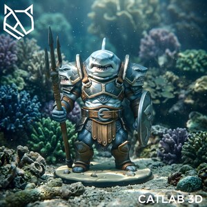 May include: A shark-headed humanoid figurine wearing metallic armor with shoulder pauldrons shaped like shark heads. The figure holds a three-pronged trident in one hand and a round shield in the other, standing on a circular base with the text CATLAB 3D.