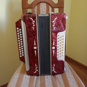 Könnte beinhalten: Ein rot marmoriertes Akkordeon mit weißen floralen Ziereinlagen, einem schwarzen Faltenbalg und zahlreichen weißen runden Knöpfen auf beiden Seiten. Das Instrument verfügt über ein silberfarbenes Metallgitter auf der linken Seite.