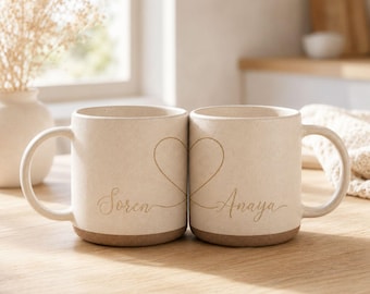 Personalized Couple Mug Set, Custom Name Matching Coffee Cups, Heart Line Art Mugs, Anniversary Gift For Couple, Engagement Gift
