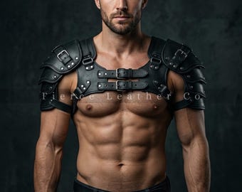 Handmade Genuine Leather Shoulder Armor Harness – Adjustable Buckles, O-Rings, Cosplay Male Harness