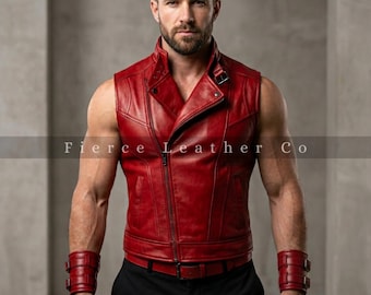Men's Red Leather Vest with Bracers – Gothic Punk Biker Outfit