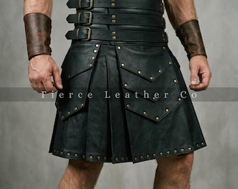 Handgefertigter Gladiator Kilt aus echtem Leder - Festival Wear, Cosplay Kostüm - Römischer Krieger Kilts Für Männer