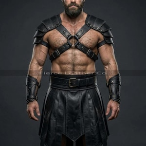 Gladiator-Kostüm für Herren aus echtem Leder – Schwarzes Schultergeschirr, Kilt-Set – LARP-, Halloween-Kostüme – Festival-Outfit